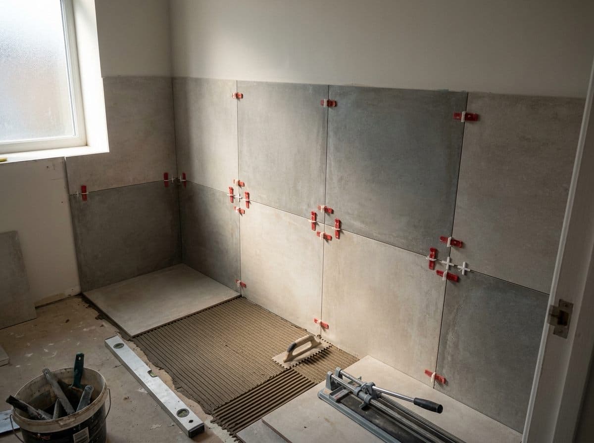 Part-tiled bathroom wall with levelling clips in place and adhesive combed onto the floor ready for the next tile