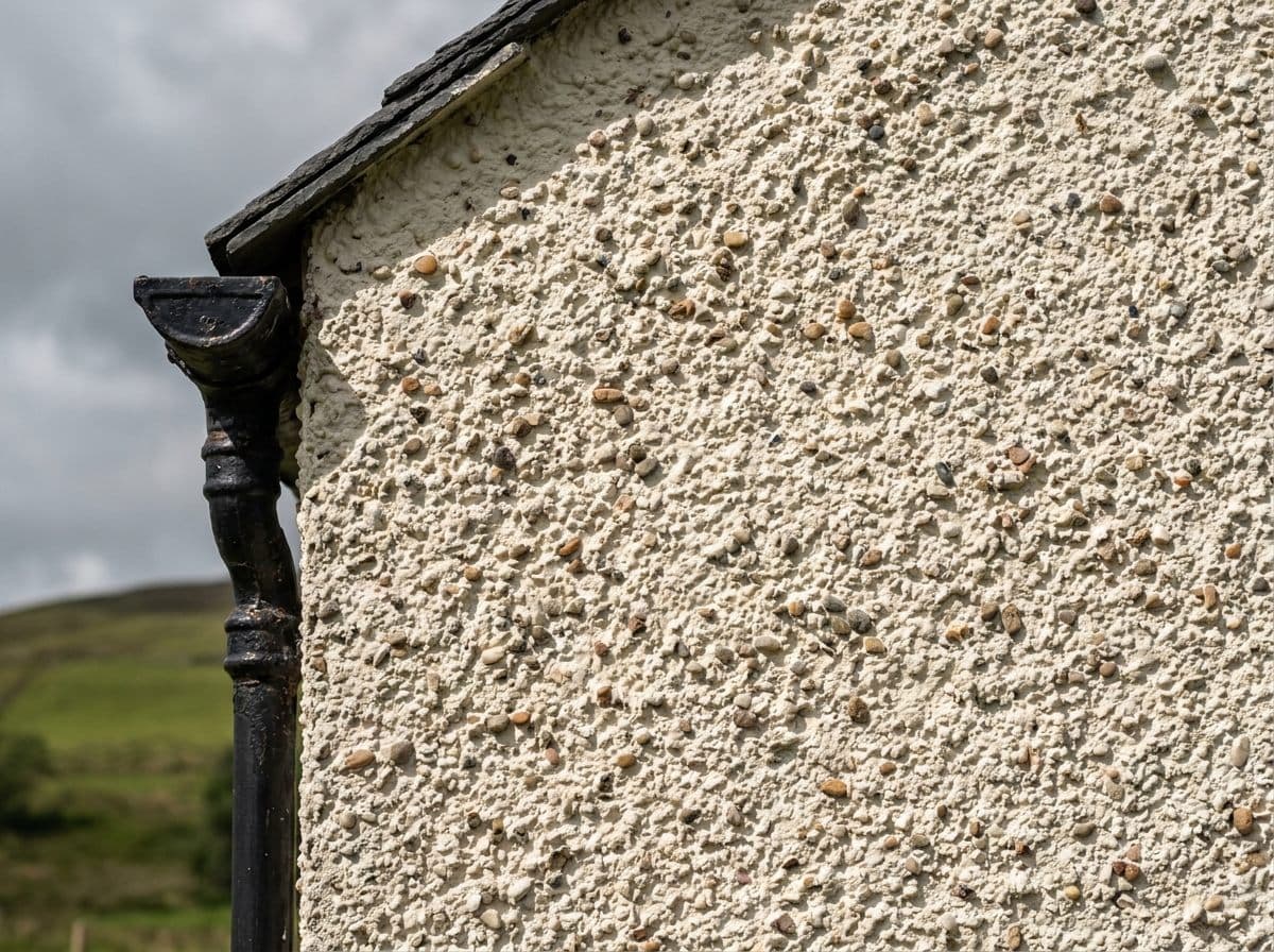 Close-up of cream wet-dash roughcast harling on a house gable beside a black cast-iron downpipe